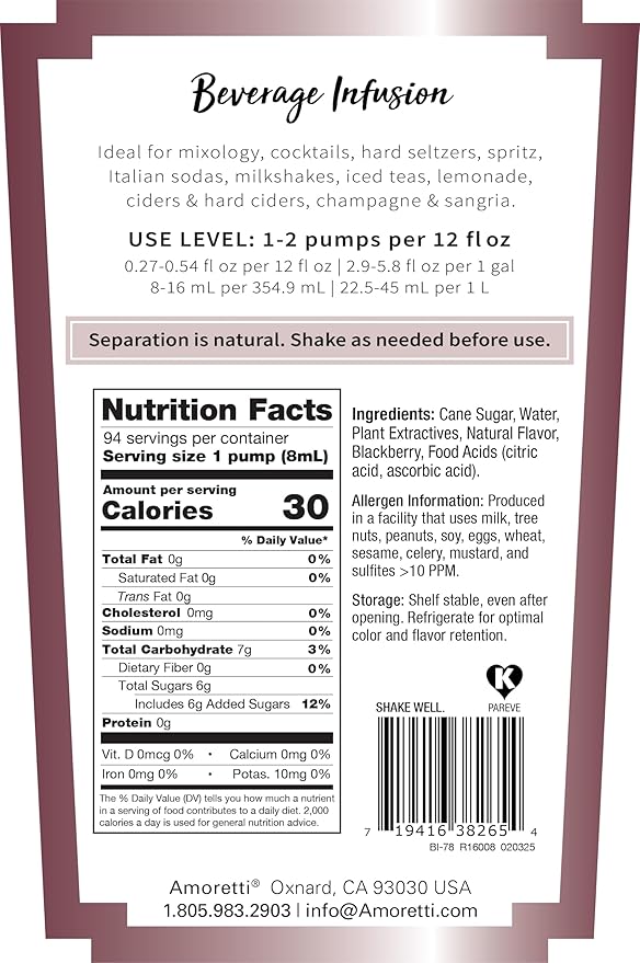 AMORETTI - Blackberry Beverage Infusion 94 Servings Per Bottle (750 ml) - Drink Mix &amp Water Enhancer with Pump for Flavoring Cocktails Waters Teas and other Beverages Preservative Free