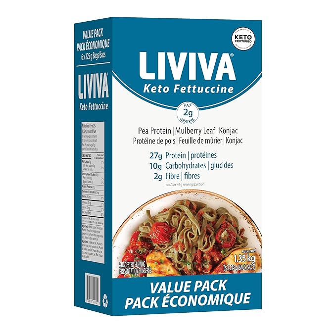 LIVIVA Low Carb High Protein KETO Value Pack Spaghetti Noodle Pasta 6 Pk – 135 g Protein per Box with Pea Protein &amp Konjac Flour - 8g Net Carbs Diabetic-Friendly - Healthy Al Dente Pasta (6 Pack
