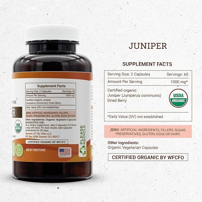 Secrets of the Tribe Juniper USDA Organic | Made with Vegetarian Capsules and Certified Organic Juniper (Juniperus communis) Dried Berry (120 Capsules)