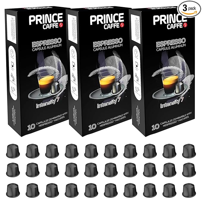 Prince Caffe Espresso Pods – Intensity 7 Medium-Dark Roast The Espresso Coffee Pods Are Compatible with Nespresso Original Line Machines 30 Count (3 x 10 Capsules) Premium Quality Coffee Capsules.