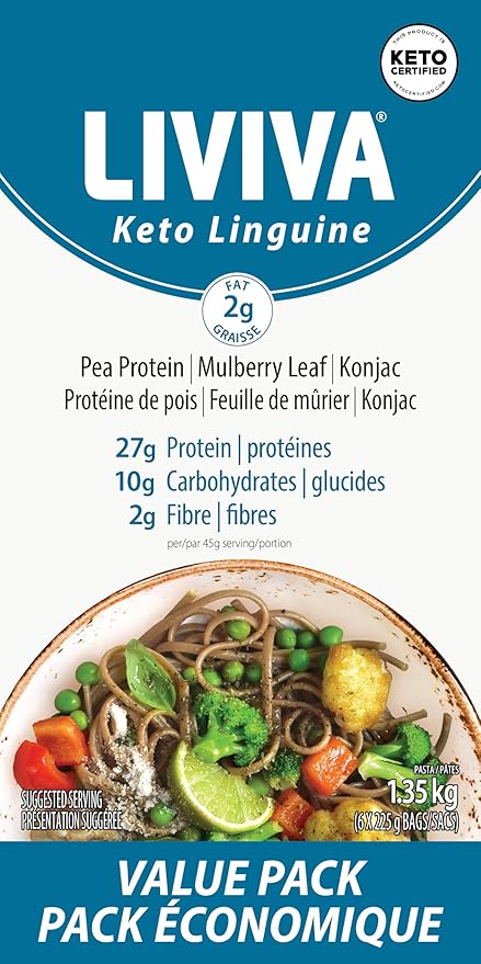 LIVIVA Low Carb High Protein KETO Value Pack Spaghetti Noodle Pasta 6 Pk – 135 g Protein per Box with Pea Protein &amp Konjac Flour - 8g Net Carbs Diabetic-Friendly - Healthy Al Dente Pasta (6 Pack