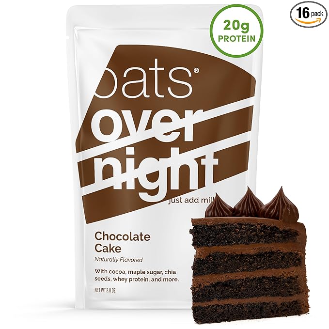 Oats Overnight Chocolate Cake - Overnight Oats with 20g Whey Protein High Fiber Breakfast Protein Shake - Gluten Free Oatmeal Non GMO High Protein Oatmeal (2.8 oz per Meal) (16 Pack)