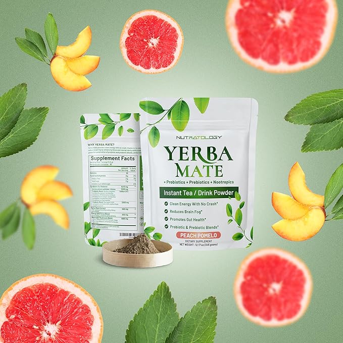 Yerba Mate Instant Tea Powder - 3-In-1 Super Drink - Clean Energy - Formulated With Nootropics To Boost Focus &amp Clarity - With Prebiotics &amp Probiotics To Boost Gut Health | Peach Pomelo - 30 S