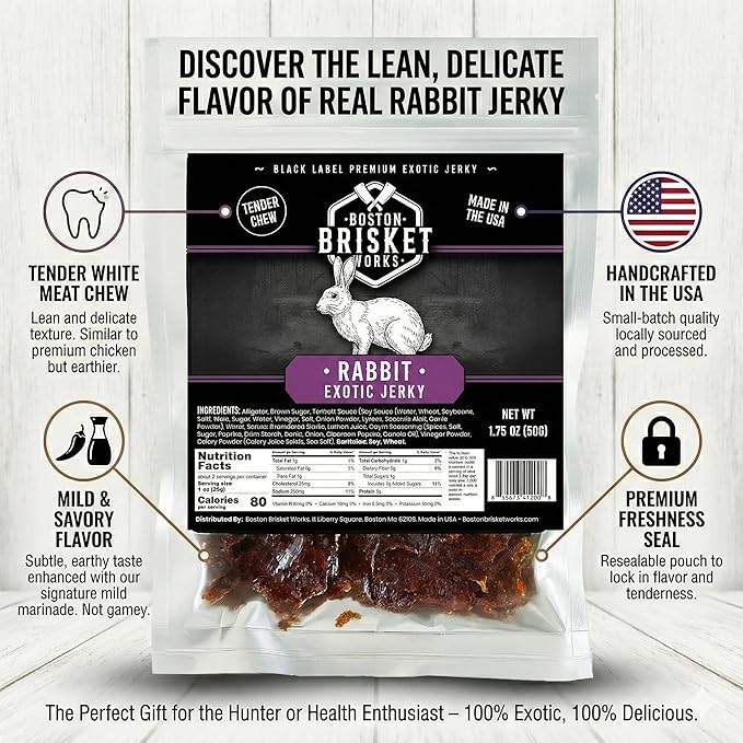 RABBIT JERKY - Premium Small Game Meat - Bushcraft &amp Survival Snack - Unique Hunter Gift for Brother Him - Exotic Food Present