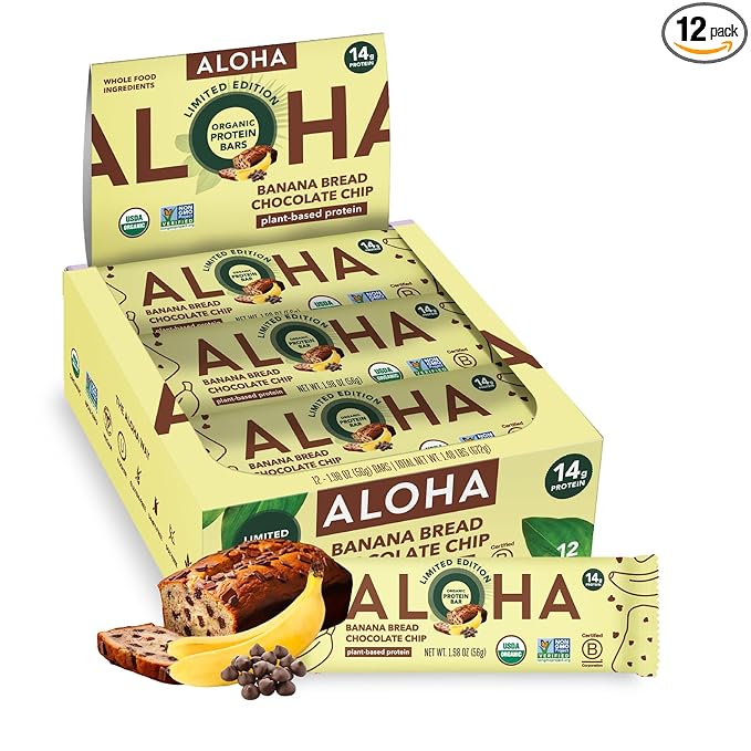 ALOHA Organic Plant Based Protein Bars - Banana Bread Chocolate Chip - 12 Count 1.9oz Bars - Vegan Snacks Low Sugar Gluten-Free Low Carb Paleo Non-GMO Stevia-Free No Sugar Alcohols