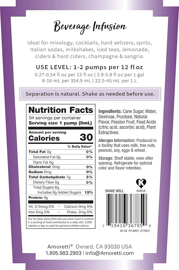 Amoretti - Passion Fruit Beverage Infusion Drink Mix &amp Water Enhancer with Pump for Flavoring Cocktails Waters Tea and other Beverages 94 Servings Per Bottle (750 ml) Preservative Free