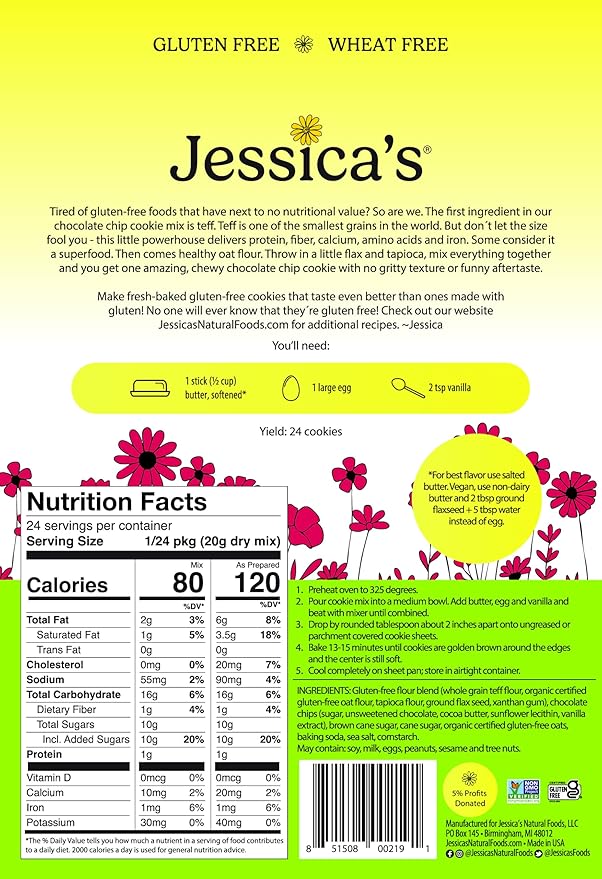 Jessica’s Natural Foods - Gluten-Free Chocolate Chip Cookie Mix Made with the Ancient-Grain Teff and Wholesome Oat Flour Non-GMO and Gluten Free 3 Per Pack