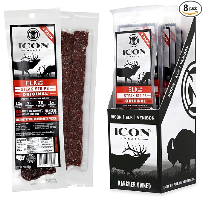 ICON Meats Elk and Beef Jerky Steak Strips Original Flavor 8 High Protein Snacks Packs 2 Strips per Pack Low Sugar Gluten Free Natural USDA Inspected Made in the USA Gifts for Him