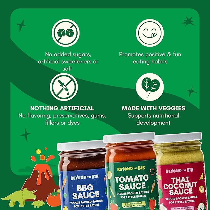 Beyond the Bib - Toddler and Kids Healthy Meal Sauces and Dips - Made with Vegetables No Added Sugar No Salt No Artificial Ingredients - Ready to Eat - For 24+ Months (Tomato BBQ Thai Coconut)
