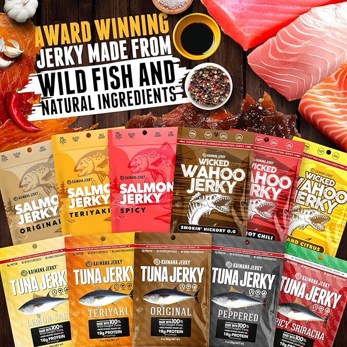 Kaimana Jerky Variety Pack - Ahi Tuna Salmon &amp Wahoo Ono Fish Jerky - All-Natural Wild-Caught Protein-Packed Omega-3 Rich - Made in Hawaii - 11 Bags Great Gift for Dad or Military Care Packag