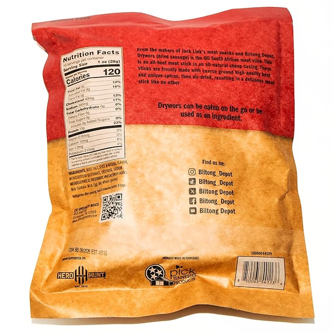 Biltong Depot Crown Drywors - 1lb (16oz) | Air-Dried Beef Snack Sticks | High Protein | Paleo and Keto Friendly | Zero Sugar | Gluten Free | No Nitrates | South African Droewers