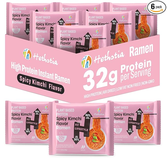 Hethstia Protein Ramen Spicy Kimchi Flavor 6-Pack Instant Kimchi Noodle Soup 32g Plant-Based Protein Vegan Low Fat Non-GMO Healthy High Protein Ramen Meal