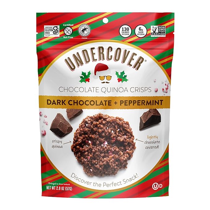 Undercover Chocolate Quinoa Crisps - Dark Chocolate + Peppermint Quinoa Crisps | 8-Pack 2oz Bags | Gluten Free Nut-Free Allergen Friendly Kosher Plant-Based