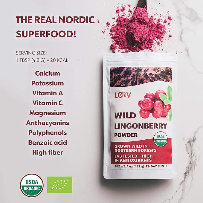 Organic Wild Lingonberry Powder – Freeze-Dried &amp Powdered Nordic Superberry Traditional Scandinavian–Swedish Food – Pure Non-GMO &amp No Added Sugar – 4oz (16 Servings)