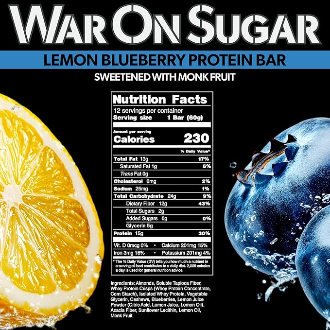 War on Sugar Lemon Blueberry - High Protein Bars No Sugar Added 15g Protein 7g Net Carbs Keto Friendly Gluten Free All-Natural Ingredients Monk Fruit Sweetened No Crash - 12 Count Box