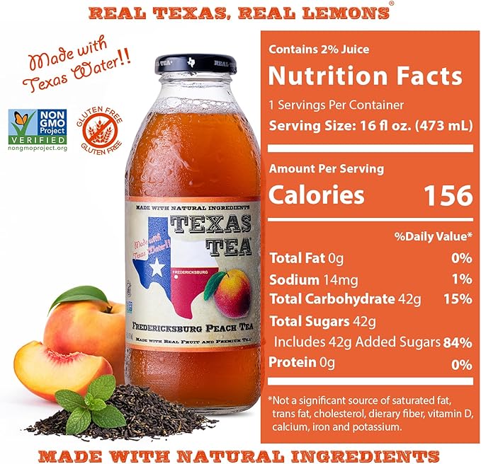 Texas Tea Fredericksburg Peach Tea – Organic Black Tea with Real Texas Peaches NON-GMO Small-Batch Brewed 12-Pack of 16 FL Oz Glass Bottles Refreshing Southern Sweet Peach Iced Tea