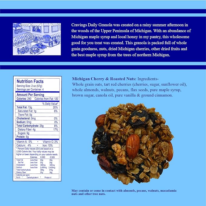 Cravings Daily Granola Variety- 3 Pack- Michigan Cherry &amp Roasted Nuts Apricot Blueberry Coconut &amp Macadamia Nut and Michigan Cherry &amp Sliced Almond