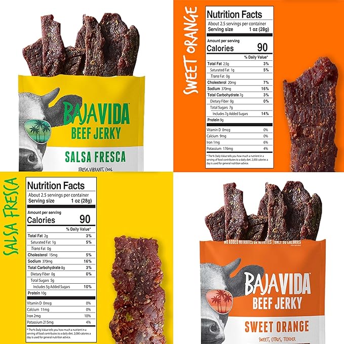BAJA BEEF Jerky Snack Packs - Beef Jerky Variety Pack Beef Jerky Gifts for Men Beef Jerky Sampler High Protein Craft Jerky Assortment Gluten Free - Sweet Orange &amp Salsa Fresca 2.5 Oz (4 Pack)