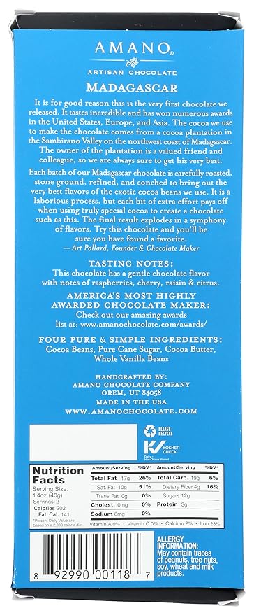 Amano Artisan Chocolate Madagascar Dark Chocolate Bar 70% 3 Oz