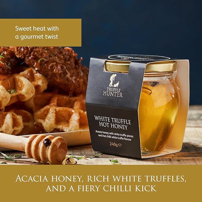 TruffleHunter - White Truffle Hot Honey - Acacia Honey with Truffle Pieces &amp Chilli Condiment - 8.46 Oz