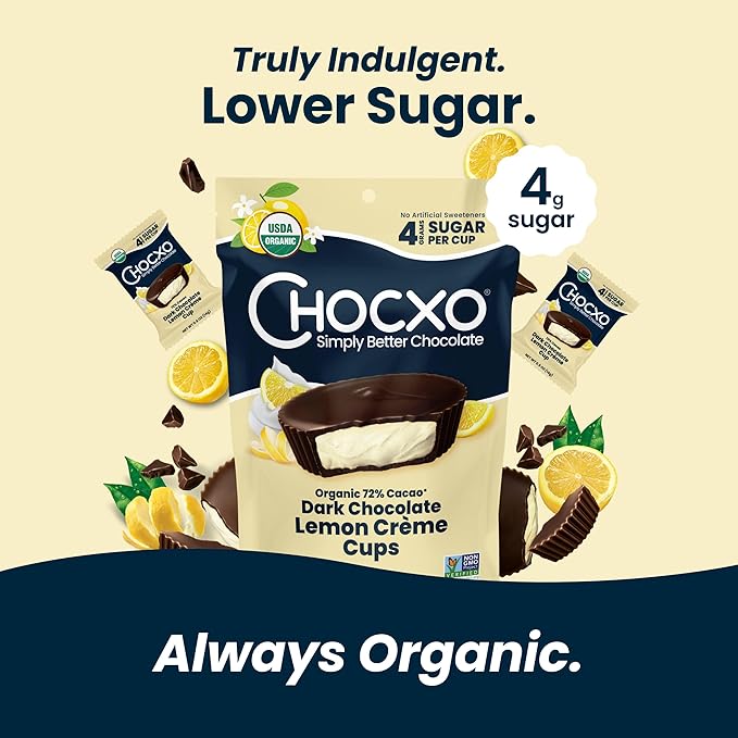 Chocxo Dark Chocolate Lemon Crème Cups - Lower Sugar Organic 72% Cacao NonGMO Keto Gluten Free Kosher No Artificial Sweeteners/Sugar Alcohols 3.45 oz (Pack of 6)
