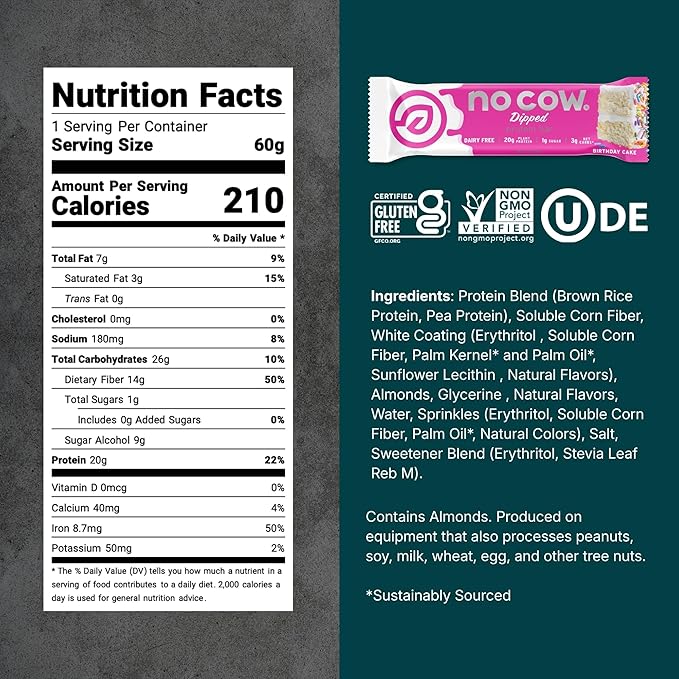 No Cow Vegan Protein Bars Upgraded Birthday Cake | 20g Plant Based Protein Gluten Free Dairy Free Soy Free Keto Friendly Low Sugar High Fiber Snack Bars | Pack of 12