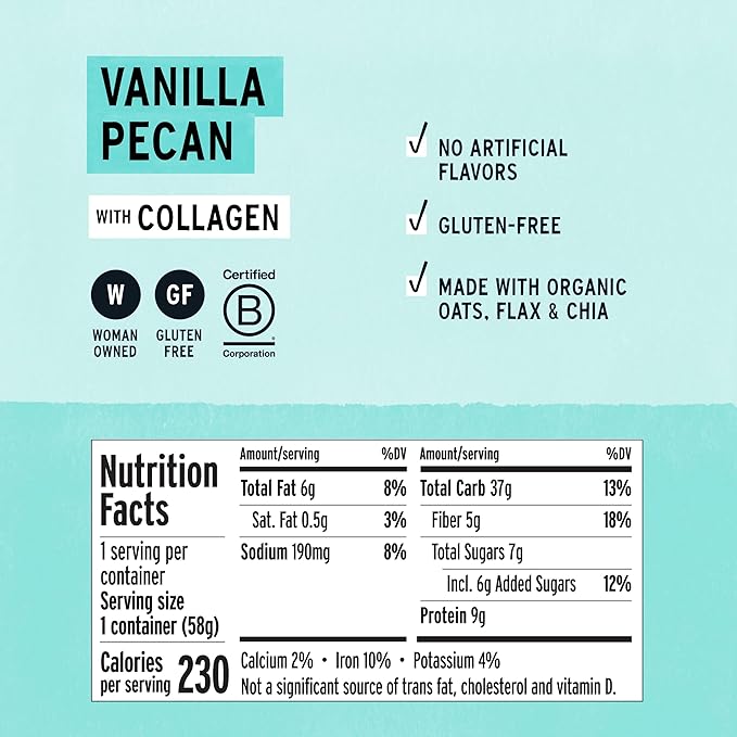 Purely Elizabeth Vanilla Pecan Collagen Oatmeal Cups With Nut Butter Packet Gluten-Free 2 Ounce (Pack of 12)