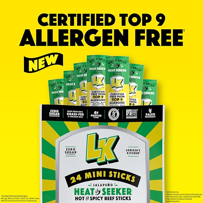 Lorissa's Kitchen Heat Seeker Jalapeno Mini Beef Sticks - (Pack of 24) 0.5 oz Meat Sticks - Ready to Eat Protein Snacks - Free from Top 9 Allergens - Made with Grass-Fed &amp Finished Beef - Zero Sug