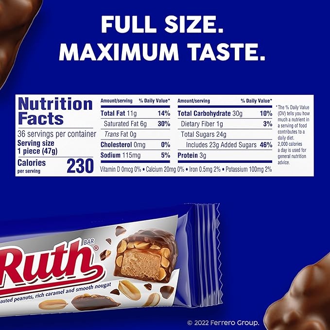 Baby Ruth Candy Bar with Chocolatey Caramel Peanuts and Nougat 2 Piece Share Pack 3.3 oz Bulk 18 Pack