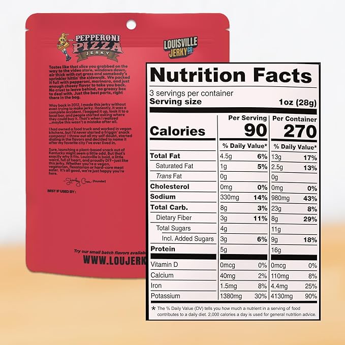 Louisville Jerky Co. Pepperoni Pizza Vegan High Protein Jerky Bulk Vegan Snacks (3 Ounce 10-Pack) Plant Based Gluten Free Vegetarian