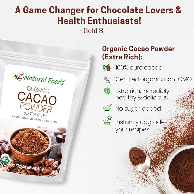 Z Natural Foods Organic Cacao Powder Nutrition-Packed Extra-Rich Dark Chocolate Flavor Perfect for Chocolate Recipes Shakes or Smoothies Non-GMO Vegan Gluten-Free Kosher 2 lbs