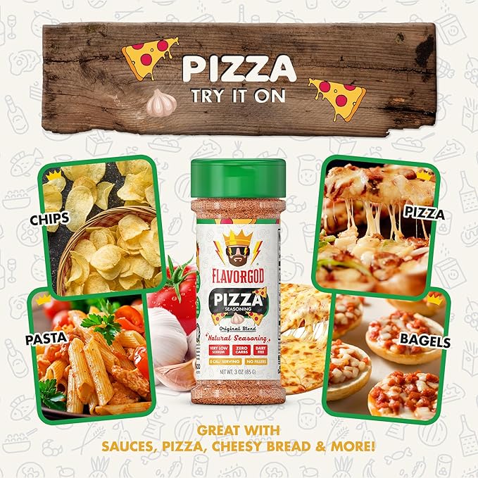 Flavor God 2 Bottles Pizza Seasoning Mix Natural Healthy Spice Blend For Grilling Chicken Beef Seafood Vegetables Salad Tacos Ravioli Pasta- Kosher Gluten &amp Dairy Free Vegan Keto Friendly