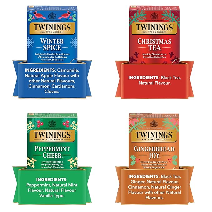 Twinings Holiday Variety Pack Tea Bags Christmas Tea Winter Spice Gingerbread Joy Peppermint Cheer 20 Count (Pack of 4) Enjoy Hot or Iced 80 Teabags