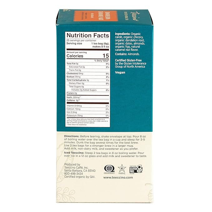 Teeccino Dandelion Caramel Nut Tea - Caffeine Free Roasted Herbal Tea with Prebiotics 3x More Herbs than Regular Tea Bags Gluten Free - 25 Tea Bags (Pack of 3)