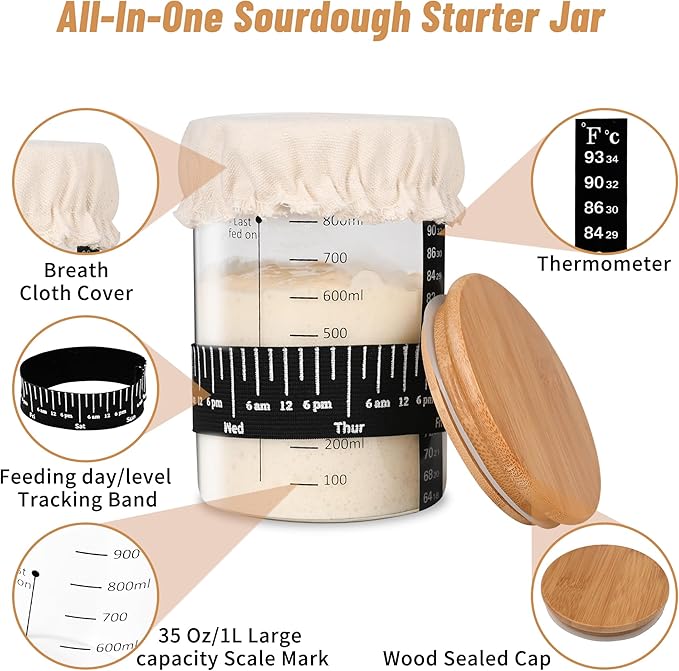 Pro Sourdough Starter Jar Kit 2 Packs-35 Oz Sourdough Bread Starter Jar Kit with Date Marked Feeding BandThermometerSpatulaCloth Cover&amp Lid for Sour Dough Bread Loaf (2 Pcs)