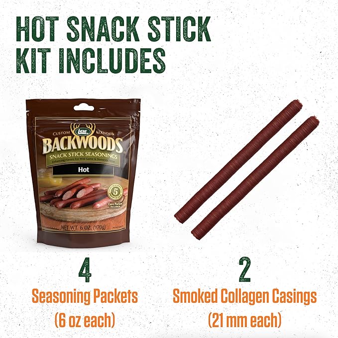 LEM Products Backwoods Hot Snack Stick Seasoning Kit Ideal for Wild Game and Domestic Meat Seasons Up to 20 Pounds of Meat 1 Pound 11.2 Ounce Package with Pre-Measured Cure Packet Included