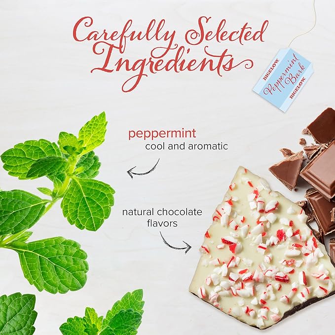 Bigelow Tea Peppermint Bark Herbal Tea Caffeine Free Tea with Peppermint and Chocolate Holiday and Christmas Tea 18 Count Box (Pack of 6) 108 Total Tea Bags
