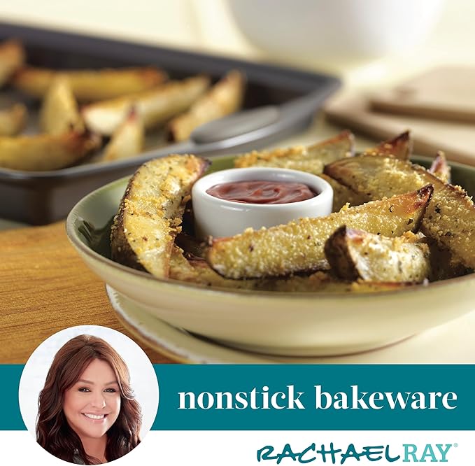Rachael Ray Nonstick Bakeware Set with Grips Nonstick Cookie Sheets / Baking Sheets - 3 Piece Gray with Sea Salt Gray Grips