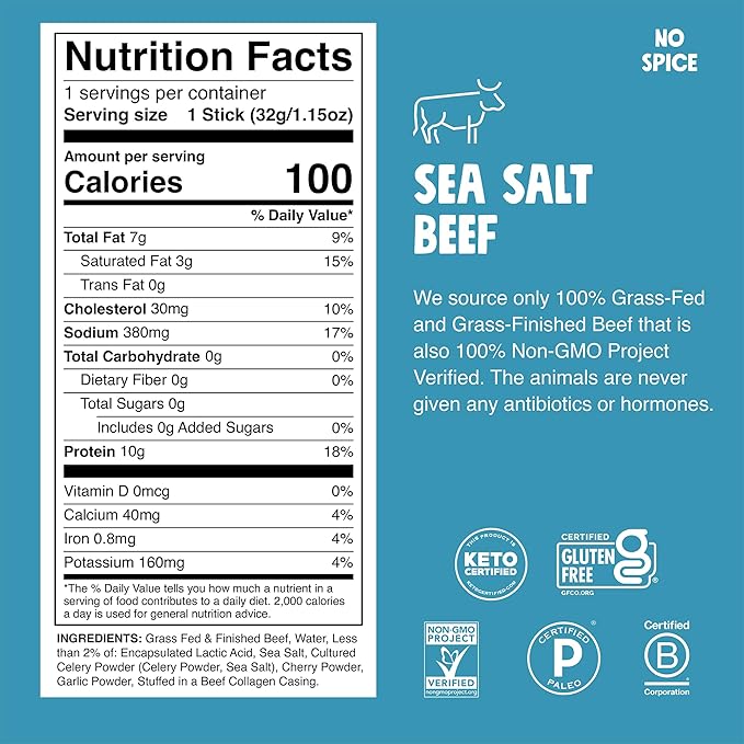 CHOMPS Grass Fed Sea Salt Beef Jerky Snack Sticks Keto Whole30 Paleo Gluten Free Sugar Free Low Carb AIP Diet Compliant 1.15 Oz Pack of 24