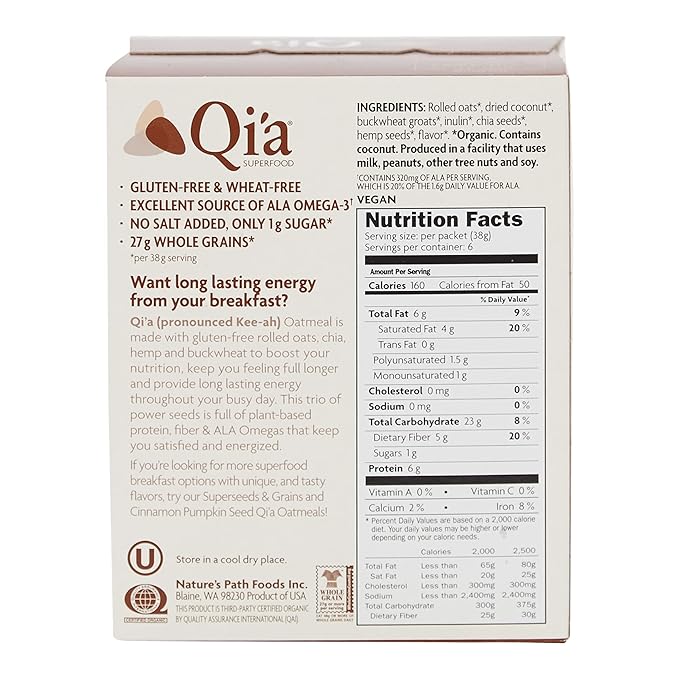 Qi'a Superfood Organic Hot Oatmeal - Creamy Coconut - 2 Boxes with 6 Packets Each Box (12 Packets Total) (8 oz each)