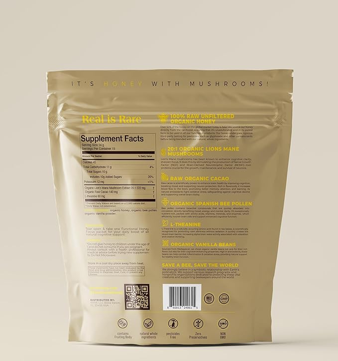 HYVE Mind Functional Honey – Focus &amp Memory Organic Honey with Lion's Mane Mushrooms Raw Cacao Bee Pollen &amp L-Theanine – Cognitive Support 15 Packets