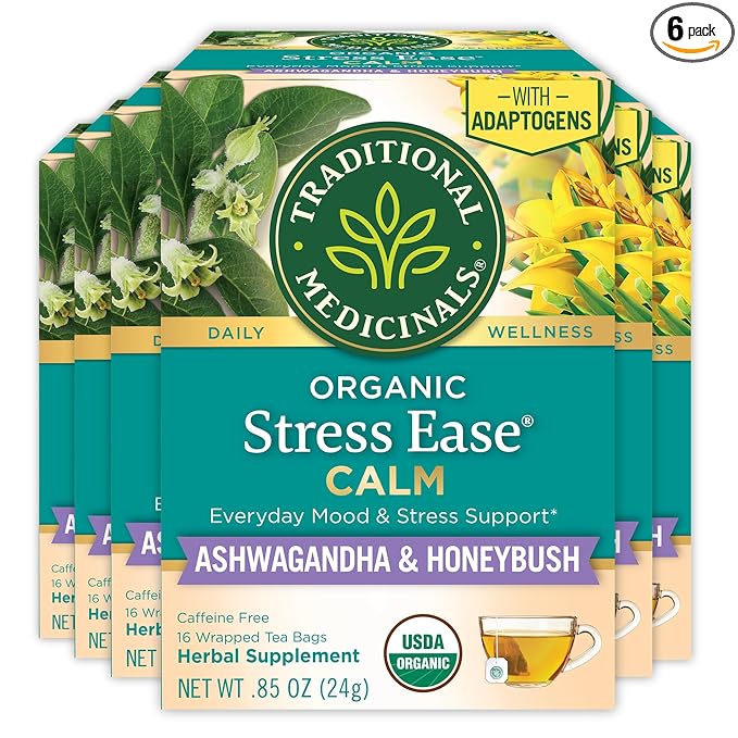 Traditional Medicinals Organic Stress Ease Calm with Adaptogens Ashwagandha &amp Honeybush - Promotes Relaxation - Kosher Non-GMO Caffeine-Free Compostable - 96 Tea Bags (6 Packs of 16)