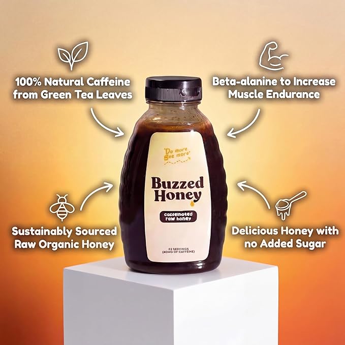 Buzzed Honey - Raw Unfiltered Honey with Natural Green Tea Caffeine Caffeinated Honey Sweetener for Coffee Tea Smoothies &amp Workouts Clean Energy Boost 4 Ingredients16 oz (32 Servings)
