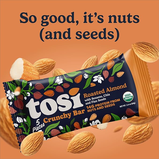 Tosi Meal Nut Bars Almond Healthy Snacks for Adults &amp Kids Crunchy Plant Based Protein Bar (14G) Keto Snacks Vegan Gluten &amp Soy Free Low Sugar Omega 3s 2.4oz 12-Pack