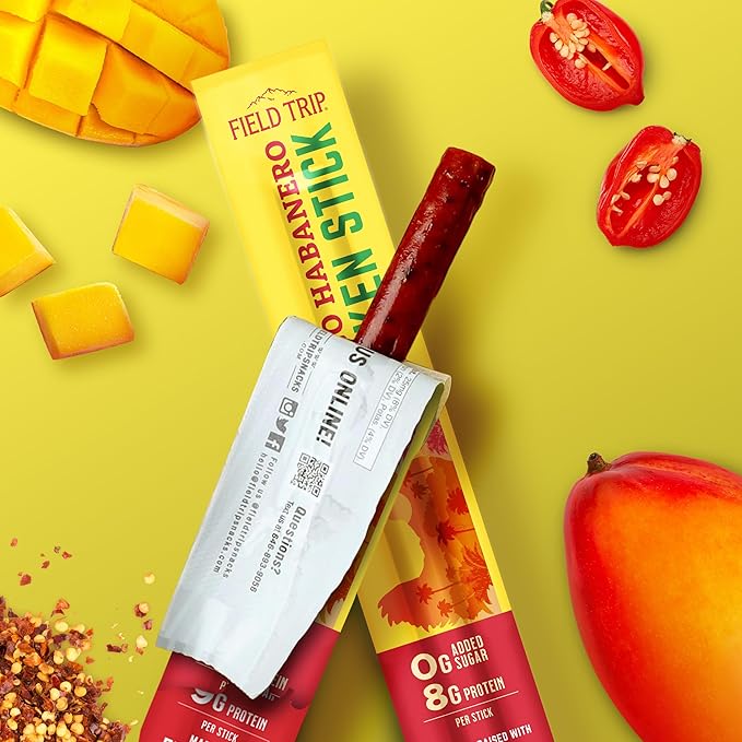 Field Trip Spicy Mango Habanero Chicken Jerky Sticks - Hormone Free Zero Sugar Keto Paleo Gluten Free and Allergy Friendly Snack - 50 Calorie High Protein Snacks - 1oz 24 Pack
