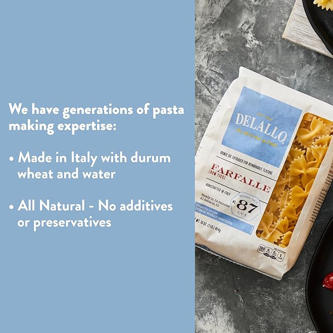 DeLallo Farfalle Pasta Bow-Tie Shape Made in Italy Bronze Cut Made with Only 100% Durum Wheat Semolina Flour All Natural Non-GMO Kosher Vegna 1 Pound Bag (4 Pack)