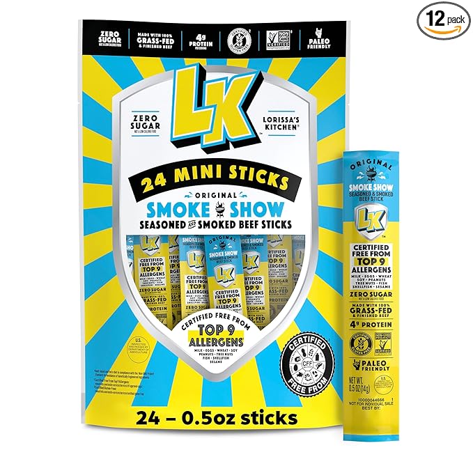 Lorissa's Kitchen Beef Jerky Mini Sticks Premium Grass Fed &amp Finished Original Smoke Show Flavor - 4g Protein On the Go Snacks Free from Top 9 Allergens Non-GMO Gluten-Free 0.5 Oz (24 Count