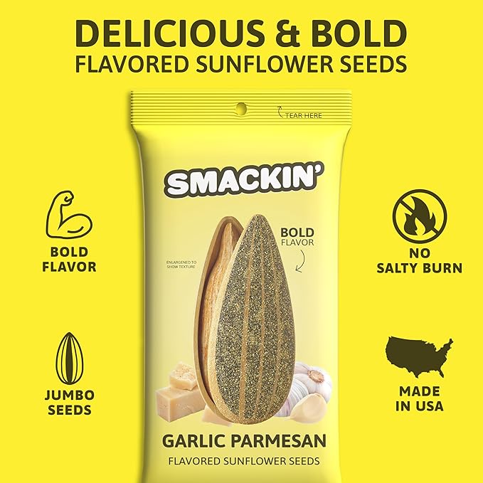 SMACKIN' Sunflower Seeds Roasted Jumbo Small-Batch American Made - Garlic Parmesan. 1.5oz bags (36 Pack)
