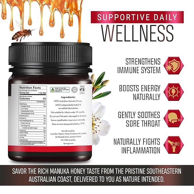 Berringa Manuka Honey Organic MGO 400+ High Strength Supports General Wellbeing &amp Digestive Balance - 100% Raw Pure &amp Unfiltered Sustainably Sourced from Australia - (8.82 oz)