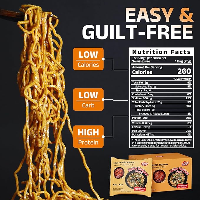 Healspot High Protein Spicy Buldak Noodles Dry Tossed Ramen 30g Plant-Based Protein Low Fat Low Carb Non GMO Keto Friendly &amp Plant Based (6 packs)